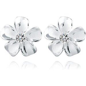 Solid 925 Sterling Silver Plumeria Flower Stud Earrings for Women Teens
